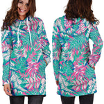 Teal Pink Blossom Tropical Pattern Print Hoodie Dress GearFrost