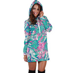 Teal Pink Blossom Tropical Pattern Print Hoodie Dress GearFrost