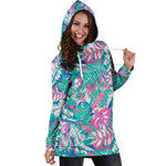 Teal Pink Blossom Tropical Pattern Print Hoodie Dress GearFrost