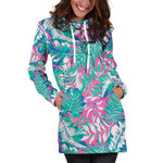 Teal Pink Blossom Tropical Pattern Print Hoodie Dress GearFrost
