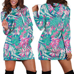 Teal Pink Blossom Tropical Pattern Print Hoodie Dress GearFrost