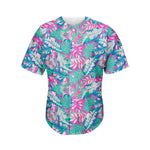 Teal Pink Blossom Tropical Pattern Print Men's Baseball Jersey