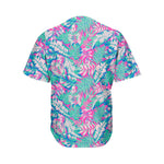 Teal Pink Blossom Tropical Pattern Print Men's Baseball Jersey