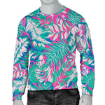 Teal Pink Blossom Tropical Pattern Print Men's Crewneck Sweatshirt GearFrost