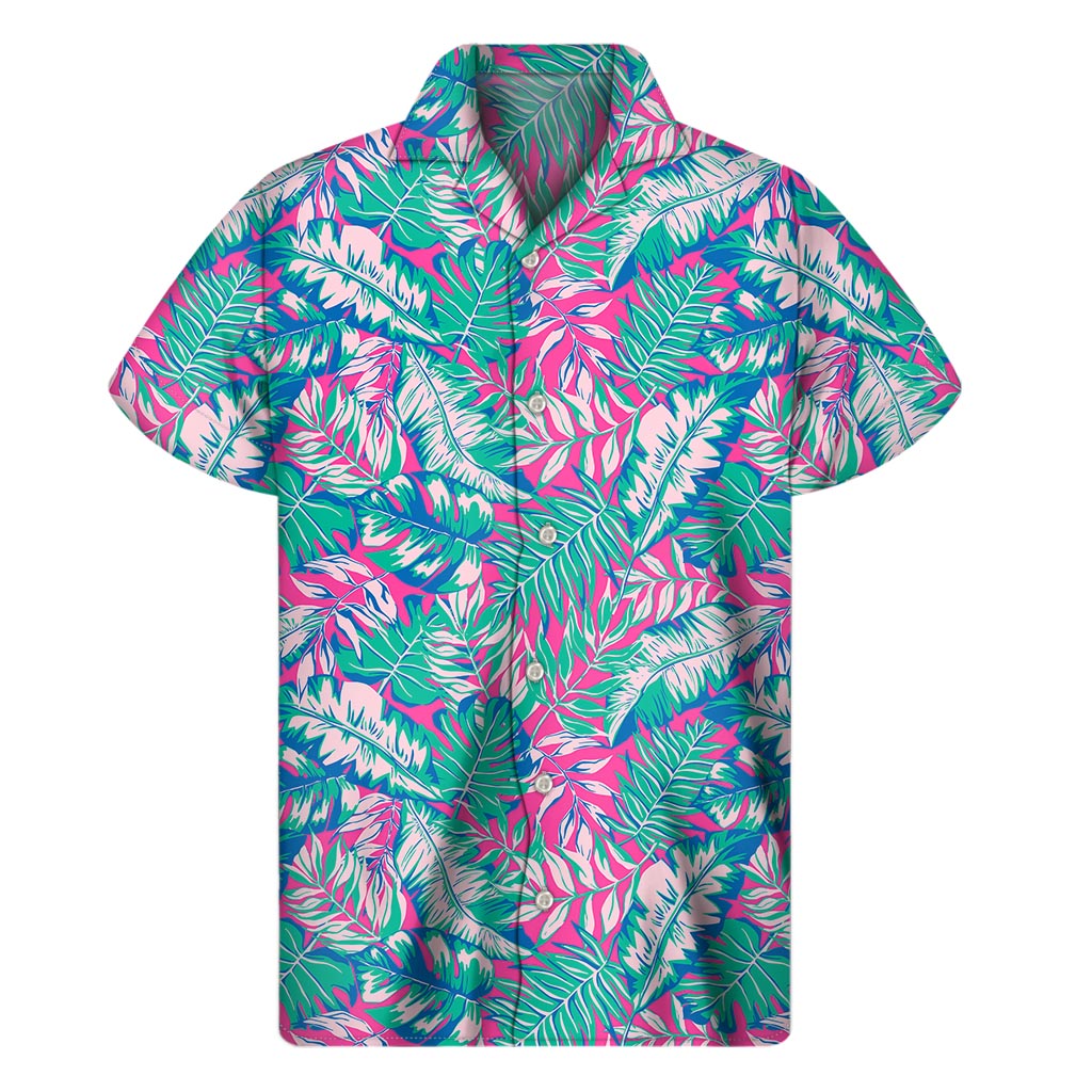 Teal Pink Blossom Tropical Pattern Print Men's Short Sleeve Shirt