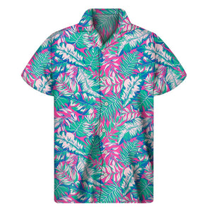 Teal Pink Blossom Tropical Pattern Print Men's Short Sleeve Shirt