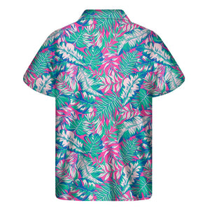 Teal Pink Blossom Tropical Pattern Print Men's Short Sleeve Shirt