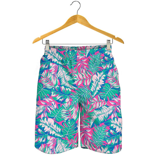 Teal Pink Blossom Tropical Pattern Print Men's Shorts