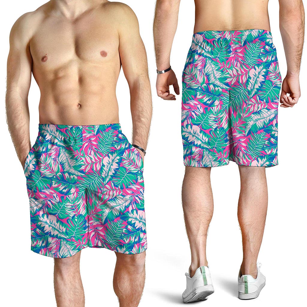 Teal Pink Blossom Tropical Pattern Print Men's Shorts