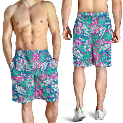 Teal Pink Blossom Tropical Pattern Print Men's Shorts