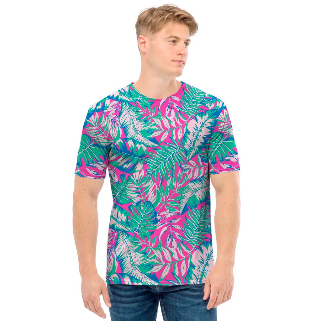 Teal Pink Blossom Tropical Pattern Print Men's T-Shirt