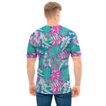 Teal Pink Blossom Tropical Pattern Print Men's T-Shirt