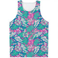 Teal Pink Blossom Tropical Pattern Print Men's Tank Top