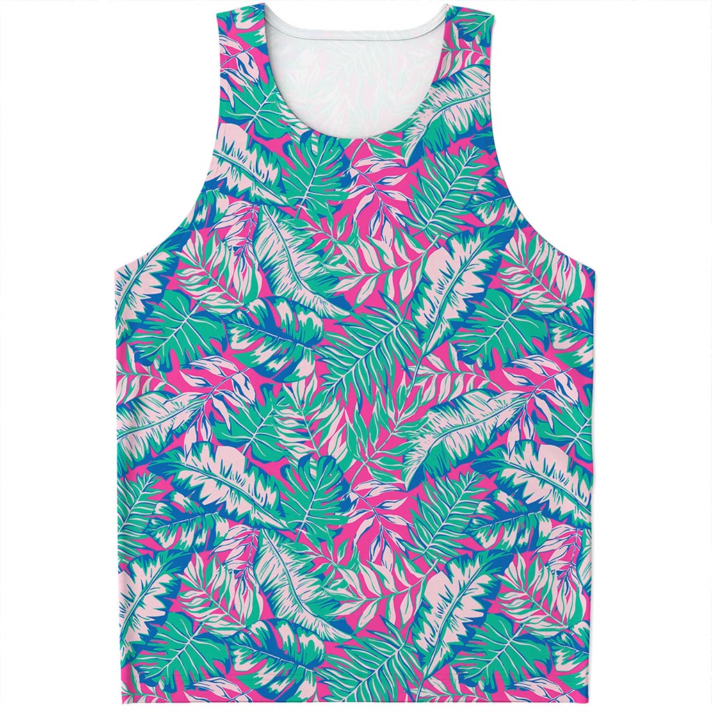 Teal Pink Blossom Tropical Pattern Print Men's Tank Top