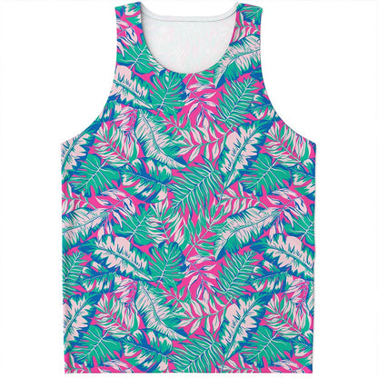Teal Pink Blossom Tropical Pattern Print Men's Tank Top