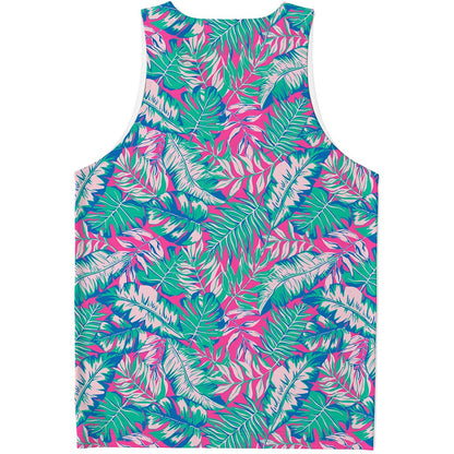 Teal Pink Blossom Tropical Pattern Print Men's Tank Top