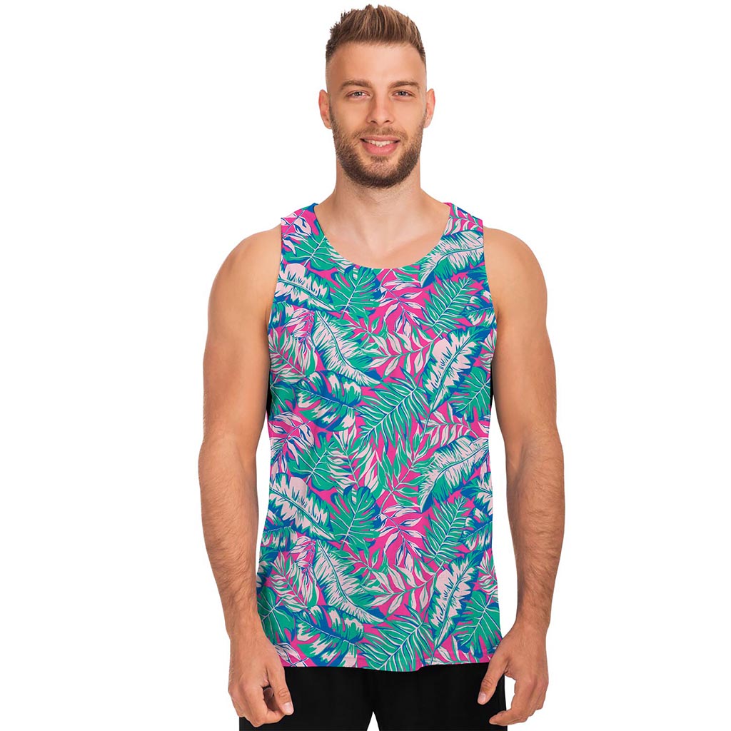 Teal Pink Blossom Tropical Pattern Print Men's Tank Top