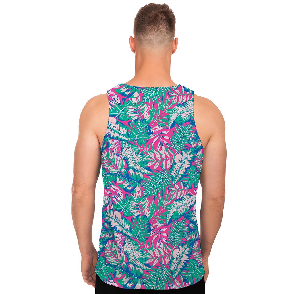 Teal Pink Blossom Tropical Pattern Print Men's Tank Top