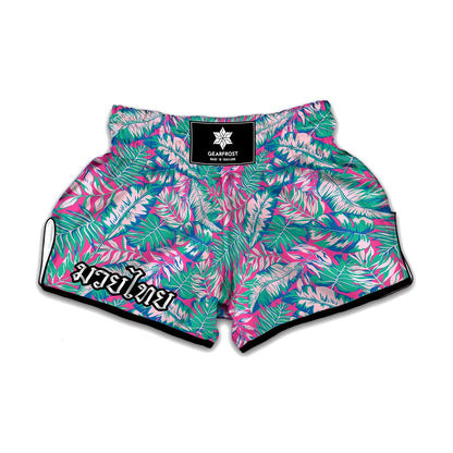 Teal Pink Blossom Tropical Pattern Print Muay Thai Boxing Shorts