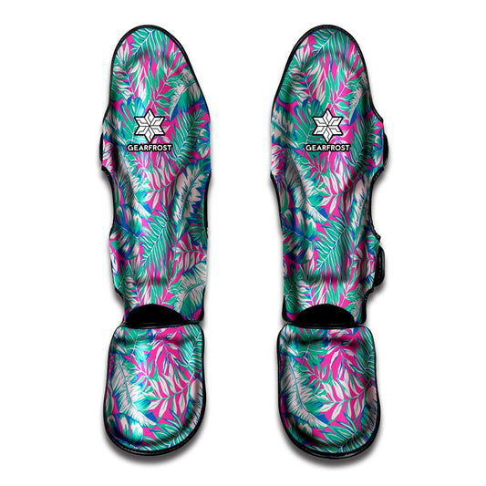 Teal Pink Blossom Tropical Pattern Print Muay Thai Shin Guard