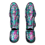 Teal Pink Blossom Tropical Pattern Print Muay Thai Shin Guard