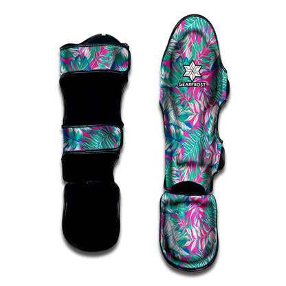 Teal Pink Blossom Tropical Pattern Print Muay Thai Shin Guard
