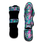 Teal Pink Blossom Tropical Pattern Print Muay Thai Shin Guard
