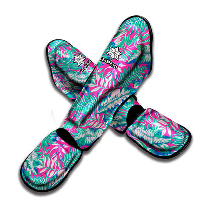 Teal Pink Blossom Tropical Pattern Print Muay Thai Shin Guard