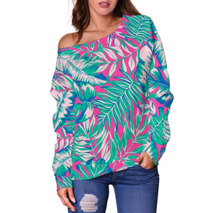 Teal Pink Blossom Tropical Pattern Print Off Shoulder Sweatshirt GearFrost