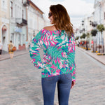 Teal Pink Blossom Tropical Pattern Print Off Shoulder Sweatshirt GearFrost