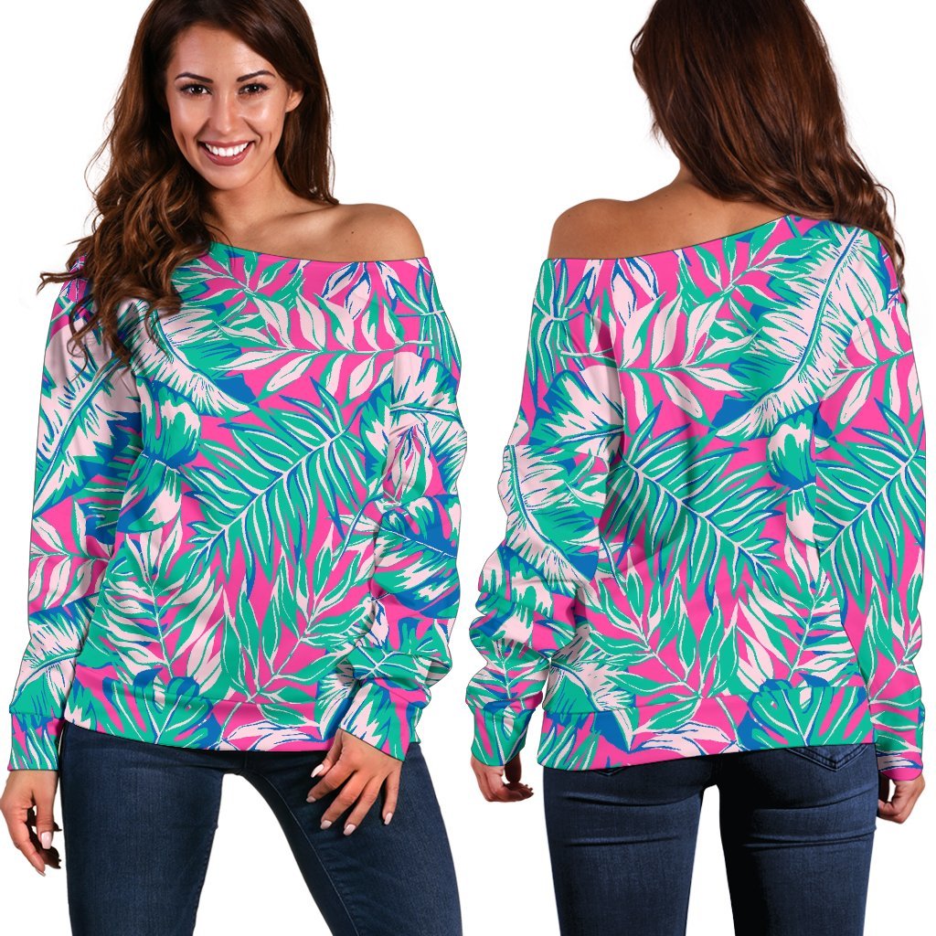 Teal Pink Blossom Tropical Pattern Print Off Shoulder Sweatshirt GearFrost