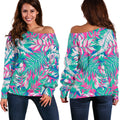 Teal Pink Blossom Tropical Pattern Print Off The Shoulder Sweatshirt
