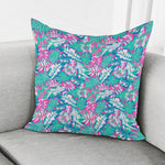 Teal Pink Blossom Tropical Pattern Print Pillow Cover