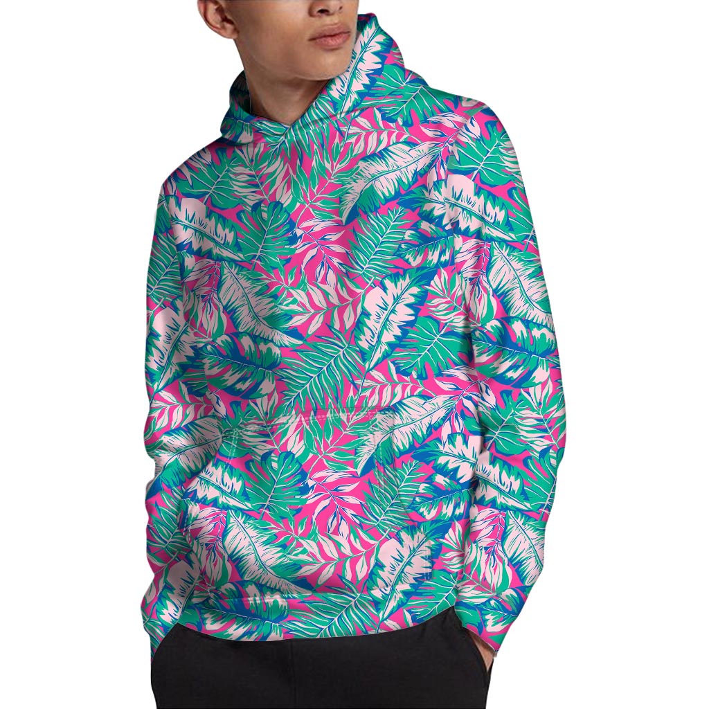 Teal Pink Blossom Tropical Pattern Print Pullover Hoodie