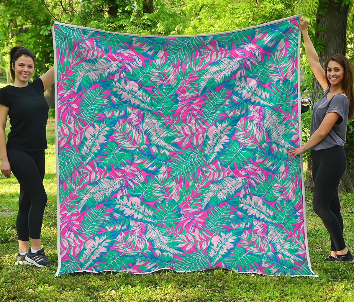 Teal Pink Blossom Tropical Pattern Print Quilt
