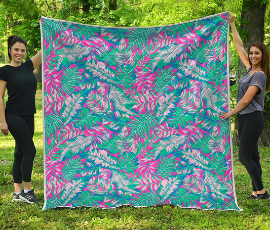 Teal Pink Blossom Tropical Pattern Print Quilt