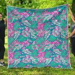 Teal Pink Blossom Tropical Pattern Print Quilt