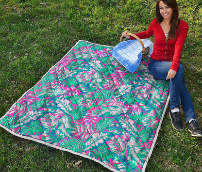 Teal Pink Blossom Tropical Pattern Print Quilt