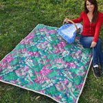 Teal Pink Blossom Tropical Pattern Print Quilt