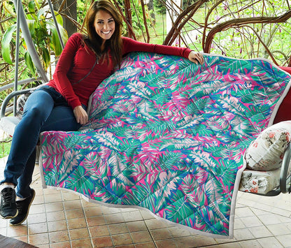 Teal Pink Blossom Tropical Pattern Print Quilt