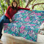 Teal Pink Blossom Tropical Pattern Print Quilt