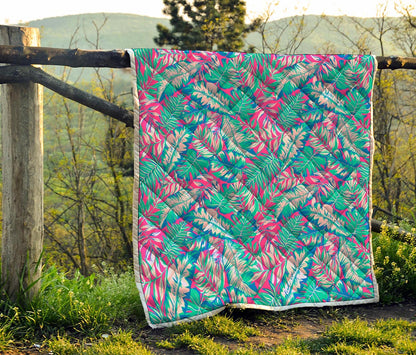 Teal Pink Blossom Tropical Pattern Print Quilt