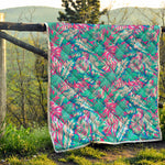 Teal Pink Blossom Tropical Pattern Print Quilt