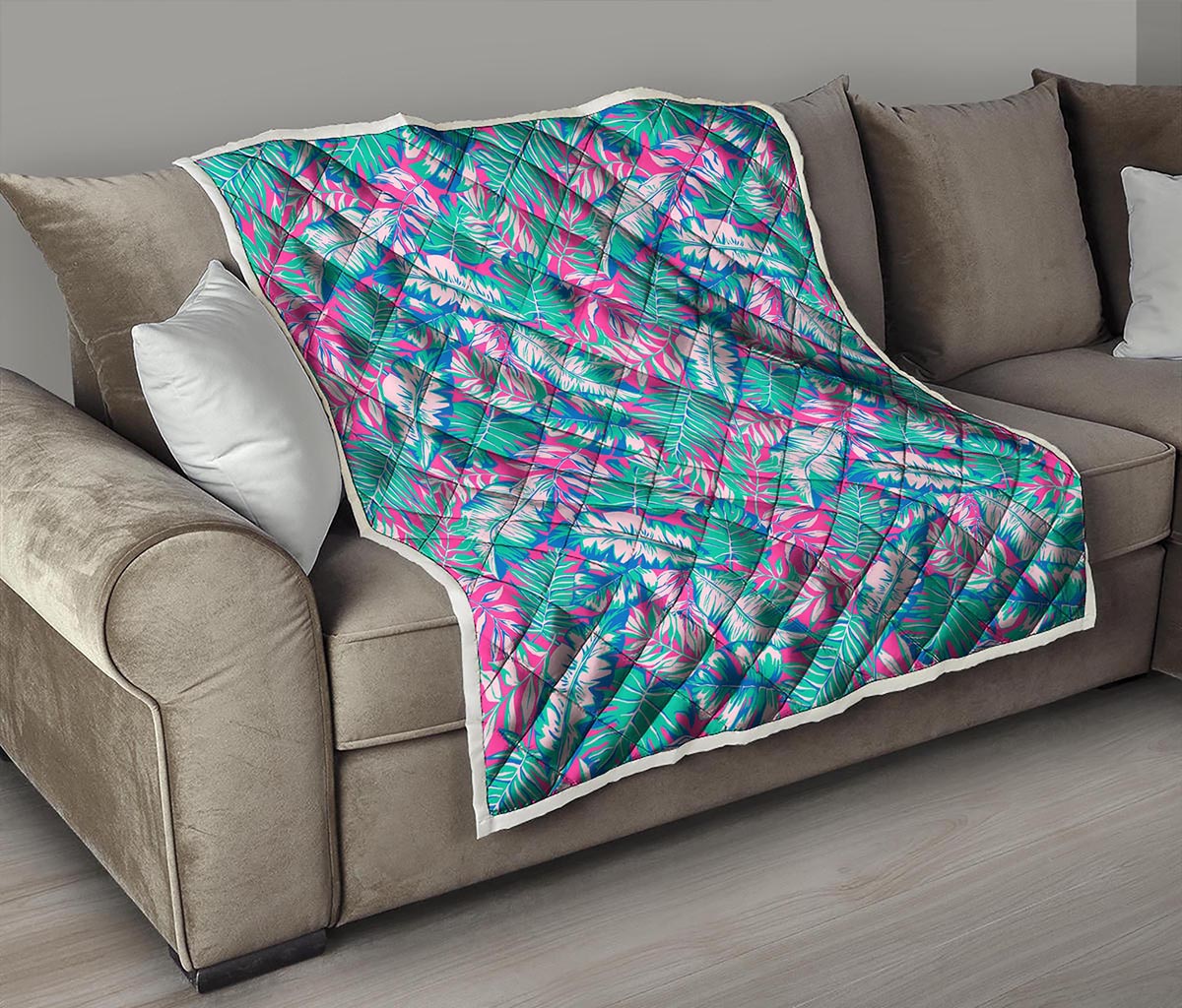Teal Pink Blossom Tropical Pattern Print Quilt