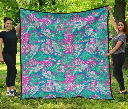 Teal Pink Blossom Tropical Pattern Print Quilt