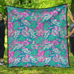 Teal Pink Blossom Tropical Pattern Print Quilt