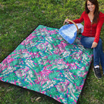 Teal Pink Blossom Tropical Pattern Print Quilt