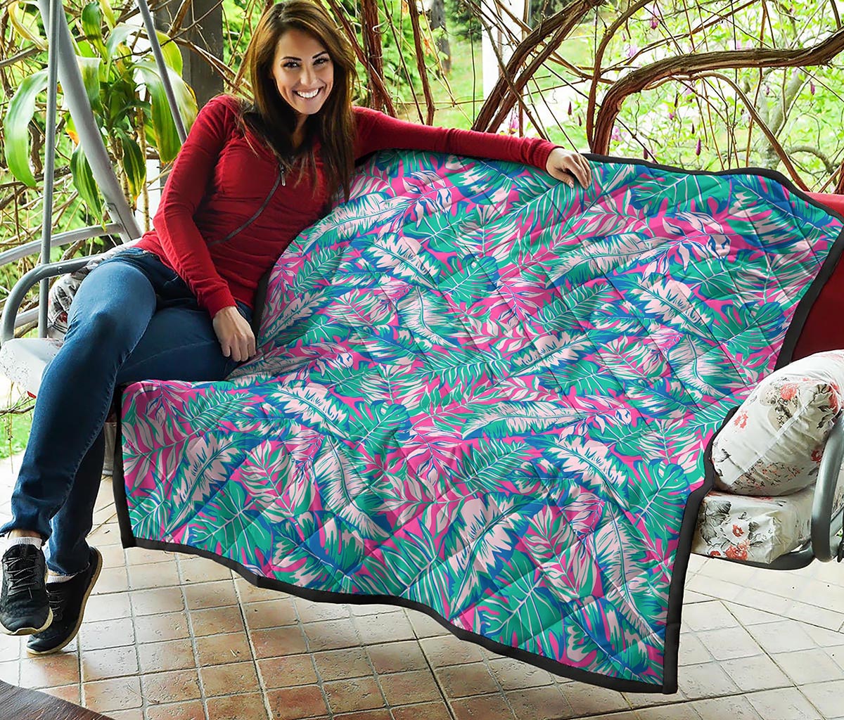 Teal Pink Blossom Tropical Pattern Print Quilt
