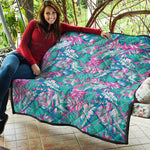 Teal Pink Blossom Tropical Pattern Print Quilt