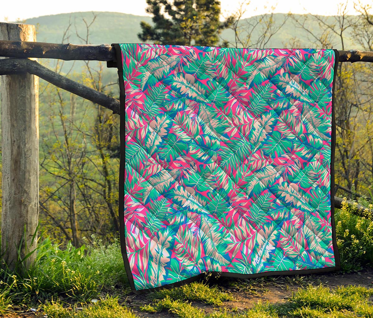 Teal Pink Blossom Tropical Pattern Print Quilt